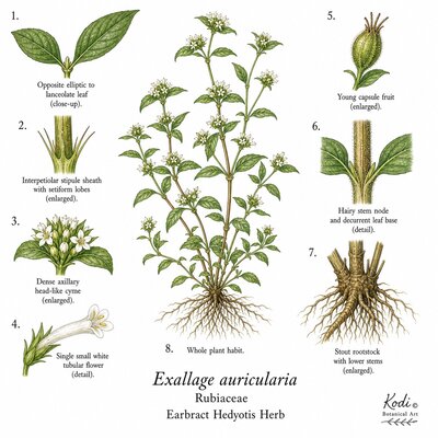 Botanical illustration of Earbract Hedyotis Herb, Exallage auricularia, showing habit, leaves, flowers, fruit, stem, rootstock, and diagnostic plant details.