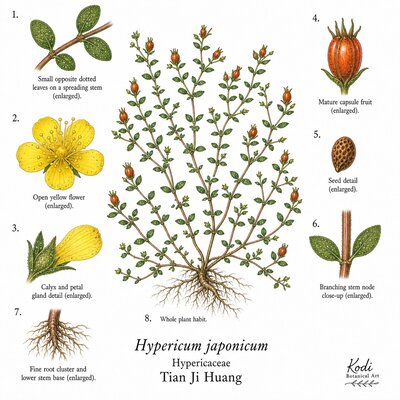 Botanical illustration of Tian Ji Huang, Hypericum japonicum, showing habit, leaves, flowers, capsule fruit, seed, root, and diagnostic plant details.