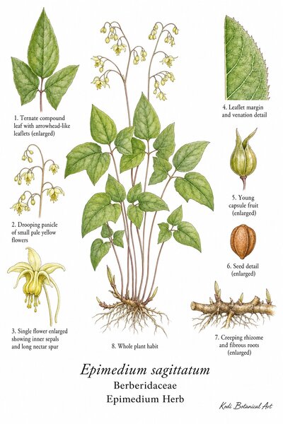 Botanical illustration of Epimedium Herb, Epimedium sagittatum, showing habit, leaves, flowers, fruit, rhizome, seed, and diagnostic plant details.