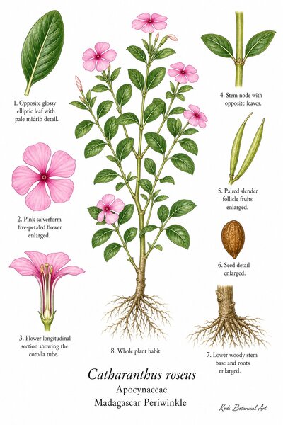 Botanical illustration of Madagascar Periwinkle, Catharanthus roseus, showing habit, leaves, flowers, follicle fruits, seed, root, and diagnostic plant details.