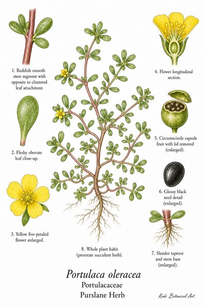 Botanical illustration of Purslane Herb, Portulaca oleracea, showing habit, leaves, flowers, capsule fruit, seed, root, and diagnostic plant details.