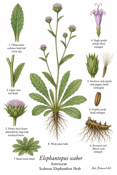 Botanical illustration of Scabrous Elephantfoot Herb, Elephantopus scaber, showing habit, leaves, flower heads, cypsela, pappus, rootstock, and diagnostic plant details.
