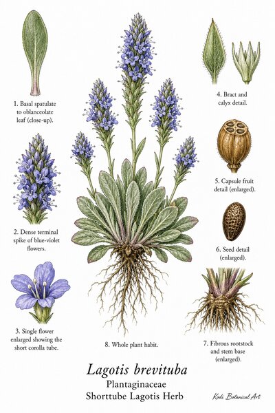 Botanical illustration of Shorttube Lagotis Herb, Lagotis brevituba, showing habit, leaves, flowers, capsule fruit, seed, rootstock, and diagnostic plant details.