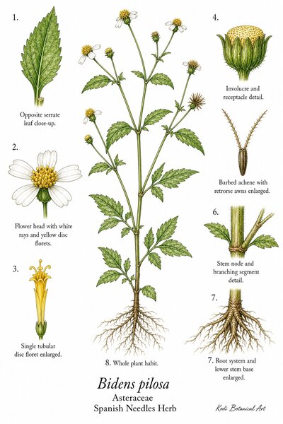 Botanical illustration of Spanish Needles Herb, Bidens pilosa, showing habit, leaves, flower heads, achene fruit, root, and diagnostic plant details.