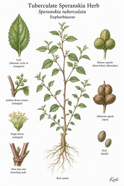 Botanical illustration of Tuberculate Speranskia Herb, Speranskia tuberculata, showing habit, leaves, flowers, capsule, seed, root, and diagnostic plant details.