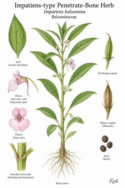 Botanical illustration of Impatiens-type Penetrate-Bone Herb, Impatiens balsamina, showing habit, leaves, flower, spur, capsule, seed, root, and diagnostic plant details.