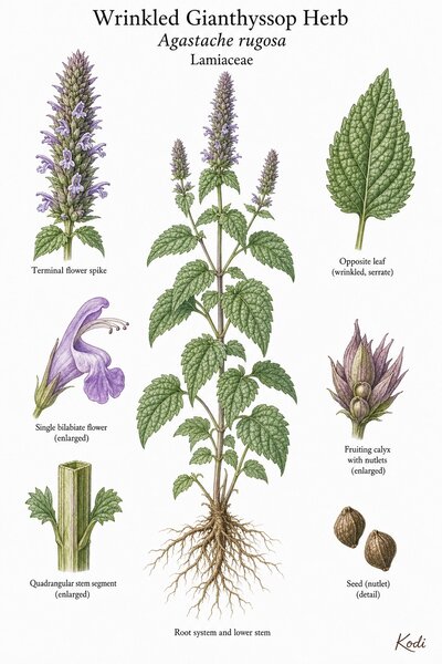 Botanical illustration of Wrinkled Gianthyssop Herb, Agastache rugosa, showing habit, wrinkled leaves, flower spike, bilabiate flower, nutlets, root, and diagnostic plant details.