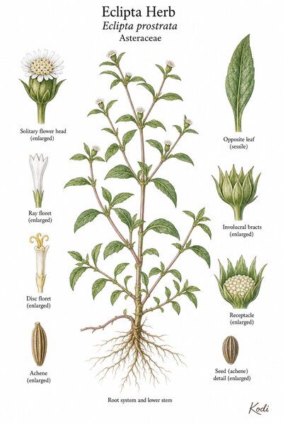 Botanical illustration of Eclipta Herb, Eclipta prostrata, showing habit, leaves, flower head, florets, achene, root, and diagnostic plant details.