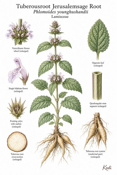 Botanical illustration of Tuberousroot Jerusalemsage Root, Phlomoides younghushandii, showing habit, leaves, flower whorls, calyx, nutlets, tuberous root, and diagnostic plant details.