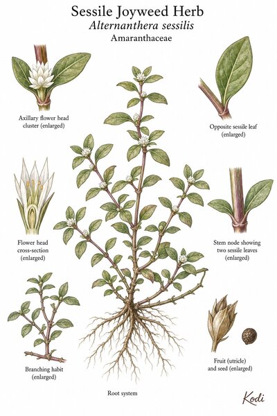 Botanical illustration of Sessile Joyweed Herb, Alternanthera sessilis, showing mat-forming habit, opposite leaves, flower heads, stem nodes, root, and diagnostic plant details.