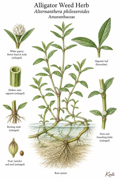Botanical illustration of Alligator Weed Herb, Alternanthera philoxeroides, showing semi-aquatic habit, opposite leaves, flower heads, hollow stem, root nodes, and diagnostic plant details.