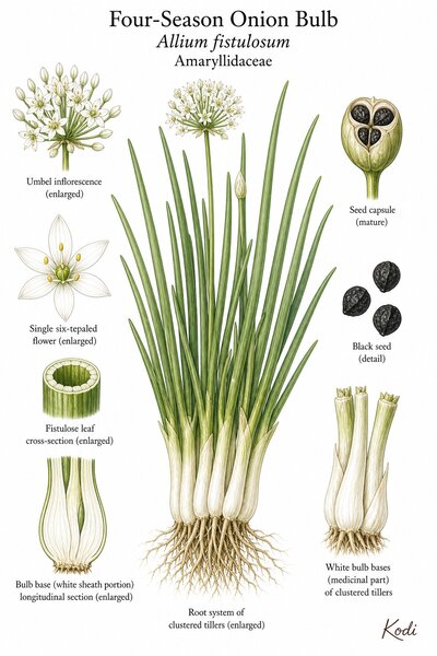 Botanical illustration of Four-Season Onion Bulb, Allium fistulosum, showing clustered tillers, white bulb bases, hollow leaves, inflorescence, bulb section, roots, and diagnostic plant details.
