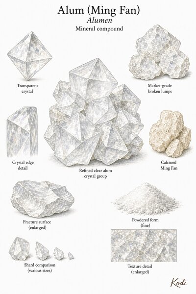 Scientific specimen plate of Alum (Ming Fan), Alumen, showing refined clear crystals, market lumps, calcined alum, powder, fracture surfaces, and diagnostic material details.