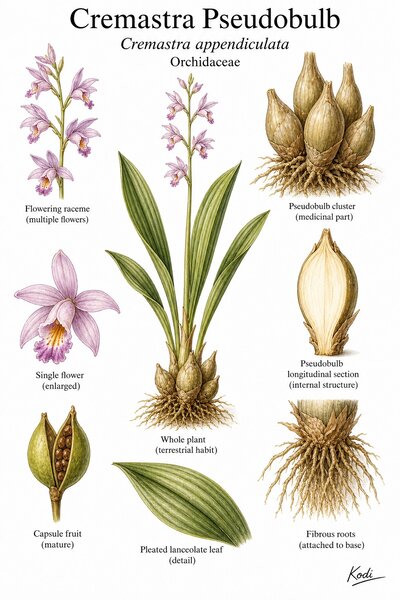 Botanical illustration of Cremastra Pseudobulb, Cremastra appendiculata, showing orchid habit, pleated leaves, flowering raceme, capsule, medicinal pseudobulb, and diagnostic plant details.