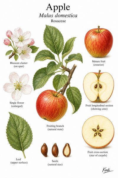 Botanical illustration of Apple, Malus domestica, showing flowering branch, blossom, mature fruit, cut fruit, seeds, and diagnostic plant details.