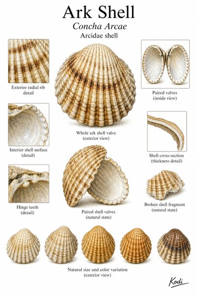 Scientific specimen plate of Ark Shell, Concha Arcae, showing raw ribbed shell valves, hinge teeth, shell cross-section, and diagnostic material details.