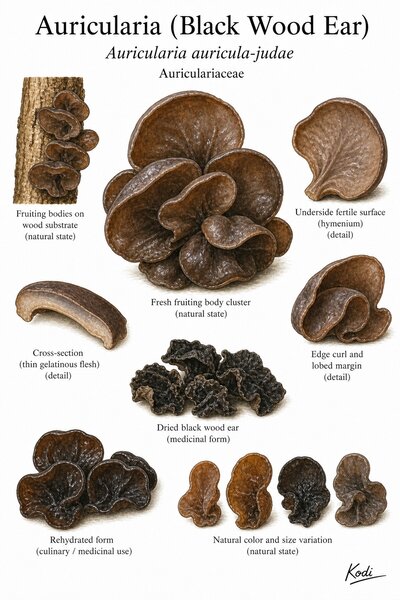 Scientific specimen plate of Auricularia (Black Wood Ear), Auricularia auricula-judae, showing ear-shaped fruiting bodies, wood attachment, dried and rehydrated forms, and diagnostic fungal details.