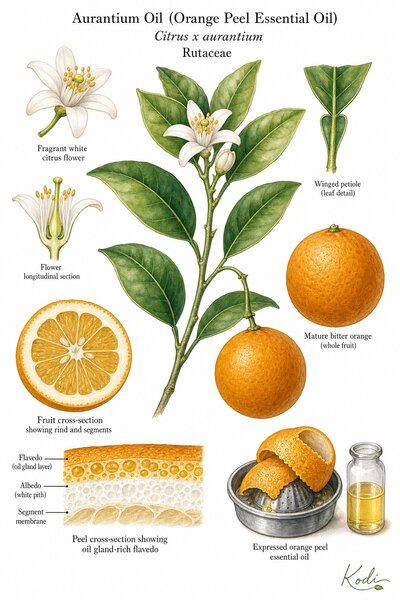 Botanical illustration of Aurantium Oil (Orange Peel Essential Oil), Citrus x aurantium, showing bitter orange branch, flower, fruit, peel oil glands, expressed peel oil, and diagnostic plant details.