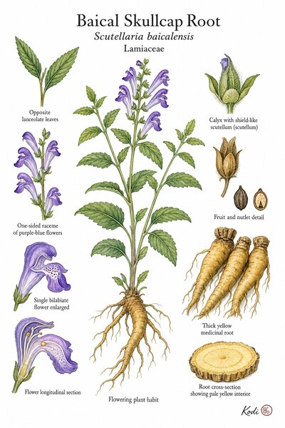 Botanical illustration of Baical Skullcap Root, Scutellaria baicalensis, showing flowering plant habit, purple-blue flowers, scutellum calyx, thick yellow medicinal root, root cross-section, and diagnostic plant details.