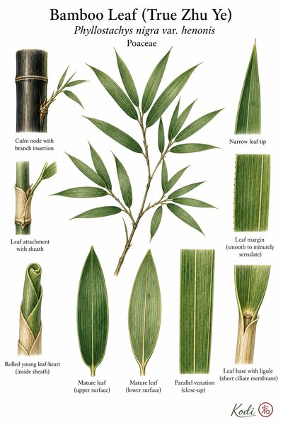 Botanical illustration of Bamboo Leaf (True Zhu Ye), Phyllostachys nigra var. henonis, showing woody bamboo branch, lanceolate leaves, parallel venation, culm node, leaf sheath and ligule, and diagnostic plant details.