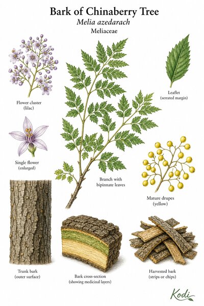 Botanical illustration of Bark of Chinaberry Tree, Melia azedarach, showing bipinnate leaves, lilac flowers, yellow drupes, trunk bark, medicinal bark strips, and diagnostic plant details.
