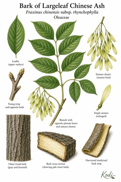 Botanical illustration of Bark of Largeleaf Chinese Ash, Fraxinus chinensis subsp. rhynchophylla, showing pinnate leaves, samaras, trunk bark, medicinal bark strips, and diagnostic plant details.
