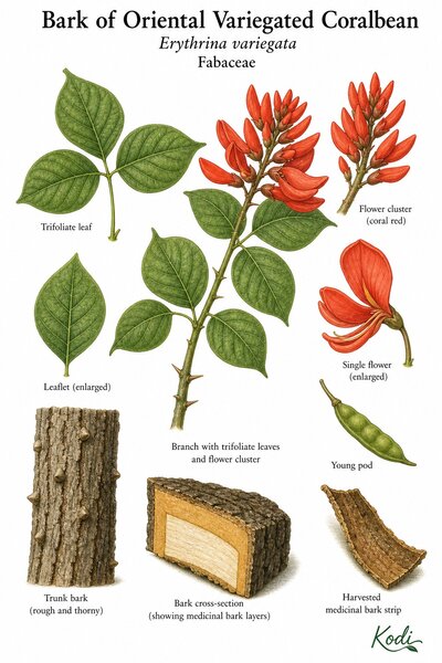 Botanical illustration of Bark of Oriental Variegated Coralbean, Erythrina variegata, showing trifoliate leaves, coral-red flowers, pod, bark texture, harvested bark strips, and diagnostic plant details.