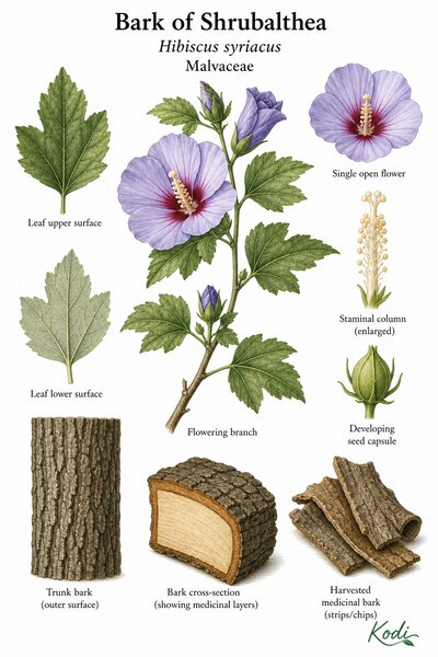 Botanical illustration of Bark of Shrubalthea, Hibiscus syriacus, showing flowering branch, leaf detail, seed capsule, bark texture, medicinal bark strips, and diagnostic plant details.