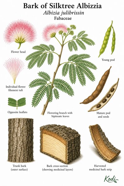Botanical illustration of Bark of Silktree Albizzia, Albizia julibrissin, showing bipinnate leaves, pink powder-puff flowers, pods, trunk bark, medicinal bark strips, and diagnostic plant details.