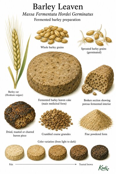 Scientific specimen plate of Barley Leaven, Massa Fermentata Hordei Germinatus, showing barley grain source, fermented cakes, broken interior, powder, and diagnostic material details.