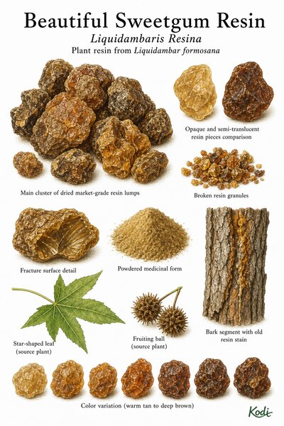 Scientific specimen plate of Beautiful Sweetgum Resin, Liquidambaris Resina, showing dried market-grade resin lumps, broken granules, bark source context, powder, and diagnostic resin details.