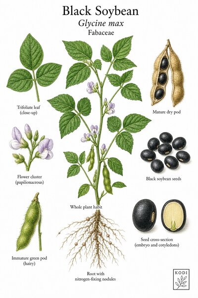 Botanical illustration of Black Soybean, Glycine max, showing habit, leaves, flowers, pods, black seeds, and diagnostic plant details.