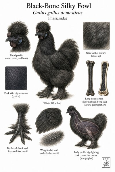 Scientific specimen plate of Black-Bone Silky Fowl, Gallus gallus domesticus, showing whole bird form, silky feathers, five-toed foot, dark skin, black bone trait, and diagnostic material details.