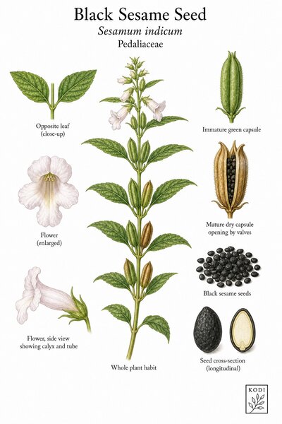 Botanical illustration of Black Sesame Seed, Sesamum indicum, showing habit, leaves, flowers, capsules, seeds, and diagnostic plant details.