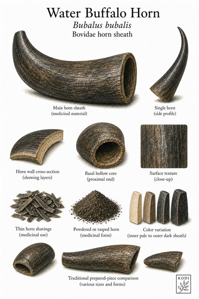 Scientific specimen plate of Water Buffalo Horn, Bubalus bubalis, showing horn sheath, horn shavings, powder, and diagnostic material details.
