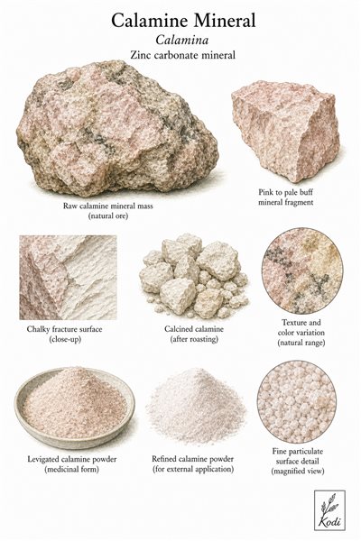 Scientific specimen plate of Calamine Mineral, Calamina, showing raw mineral, calcined form, levigated powder, and diagnostic material details.
