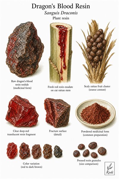 Scientific specimen plate of Dragon's Blood Resin, Sanguis Draconis, showing raw resin, fresh exudate, source palm context, powder, and diagnostic resin details.