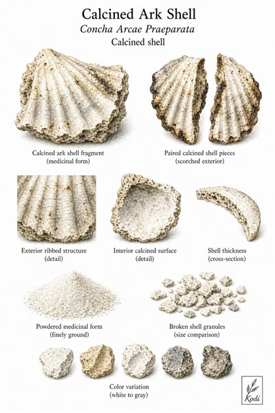 Scientific specimen plate of Calcined Ark Shell, Concha Arcae Praeparata, showing calcined shell fragments, powder, scorched shell structure, and diagnostic material details.