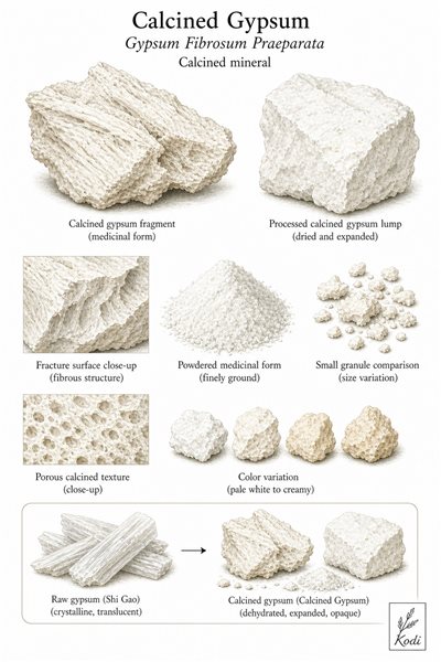 Scientific specimen plate of Calcined Gypsum, Gypsum Fibrosum Praeparata, showing calcined fragments, powder, and diagnostic mineral details.