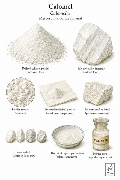 Scientific specimen plate of Calomel, Calomelas, showing refined powder, crystalline material, prepared medicinal portions, and diagnostic material details.