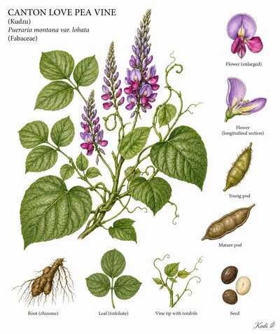 Botanical illustration of Abrus Herb, Abrus cantoniensis, showing habit, leaves, flowers, fruit, seed, root, and diagnostic plant details.