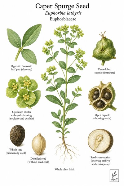 Botanical illustration of Caper Spurge Seed, Euphorbia lathyris, showing habit, leaves, cyathia, capsule, seeds, and diagnostic plant details.