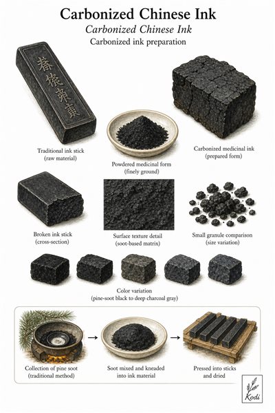 Scientific specimen plate of Carbonized Chinese Ink, Carbonized Chinese Ink, showing ink stick material, charred preparation, powder, and diagnostic material details.