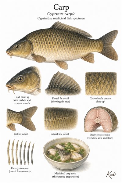 Scientific specimen plate of Carp, Cyprinus carpio, showing whole fish form, head, scales, fin details, and diagnostic material details.