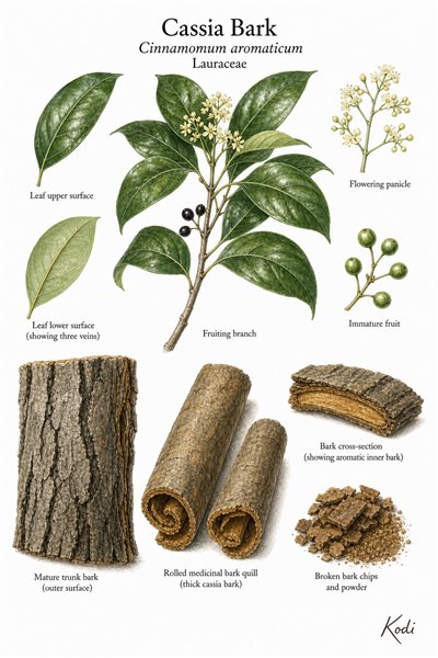 Botanical illustration of Cassia Bark, Cinnamomum aromaticum, showing branch, leaves, flowers, fruit, bark slabs, medicinal bark quills, and diagnostic plant details.
