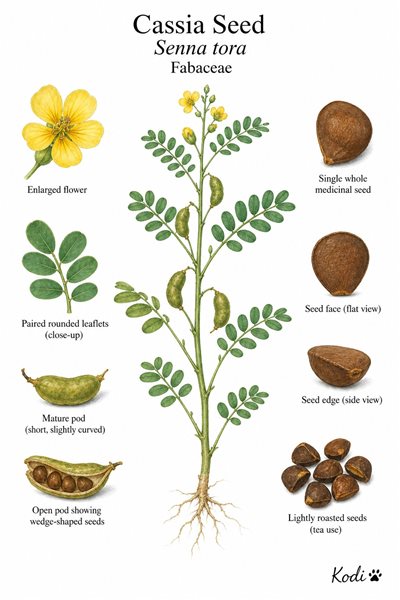 Botanical illustration of Cassia Seed, Senna tora, showing habit, rounded leaflets, yellow flowers, short pods, seeds, and diagnostic plant details.