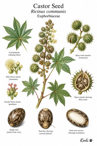 Botanical illustration of Castor Seed, Ricinus communis, showing leaves, flowers, spiny capsules, marbled seeds, and diagnostic plant details.