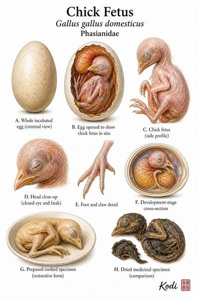 Scientific specimen plate of Chick Fetus, Gallus gallus domesticus, showing incubated egg, embryo profile, developmental details, and prepared medicinal forms.