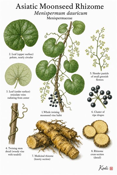 Botanical illustration of Asiatic Moonseed Rhizome, Menispermum dauricum, showing twining habit, peltate leaves, flowers, fruit, rhizome, and diagnostic plant details.