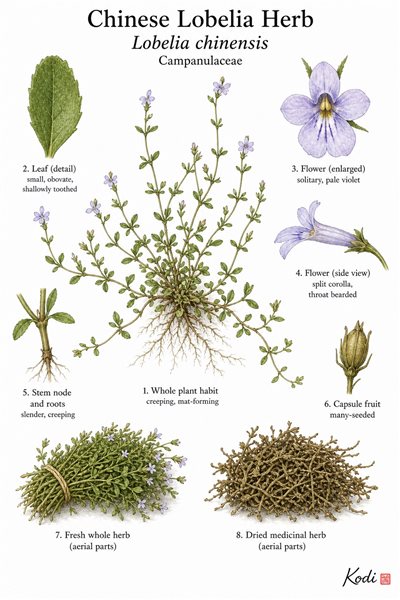 Botanical illustration of Chinese Lobelia Herb, Lobelia chinensis, showing creeping habit, small flowers, capsule, and diagnostic plant details.